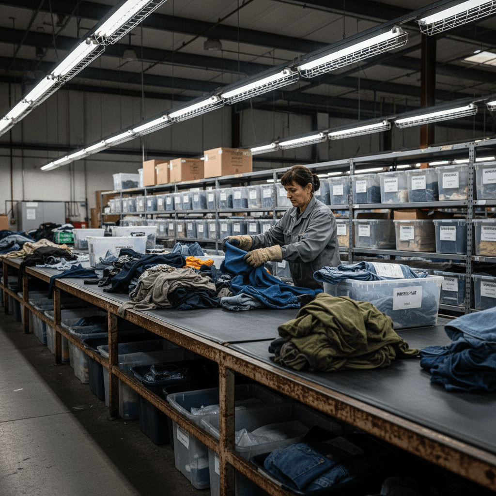 Sorting and processing clothing at Eco Recycling facility