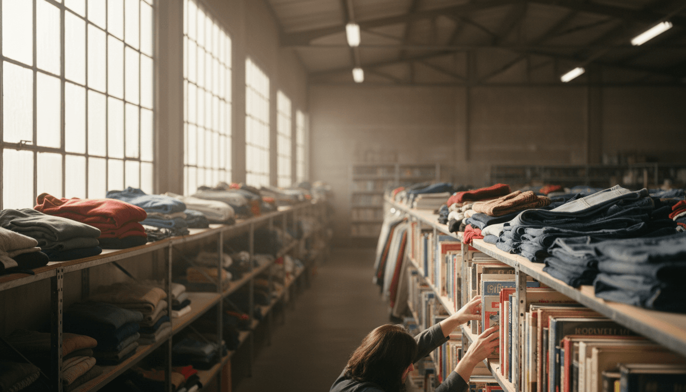 Organized donation items including clothing and books in Eco Recycling Inc.'s sorting facility