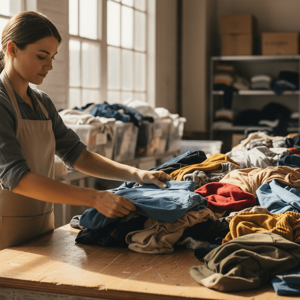Worker sorting donated clothing at sorting table