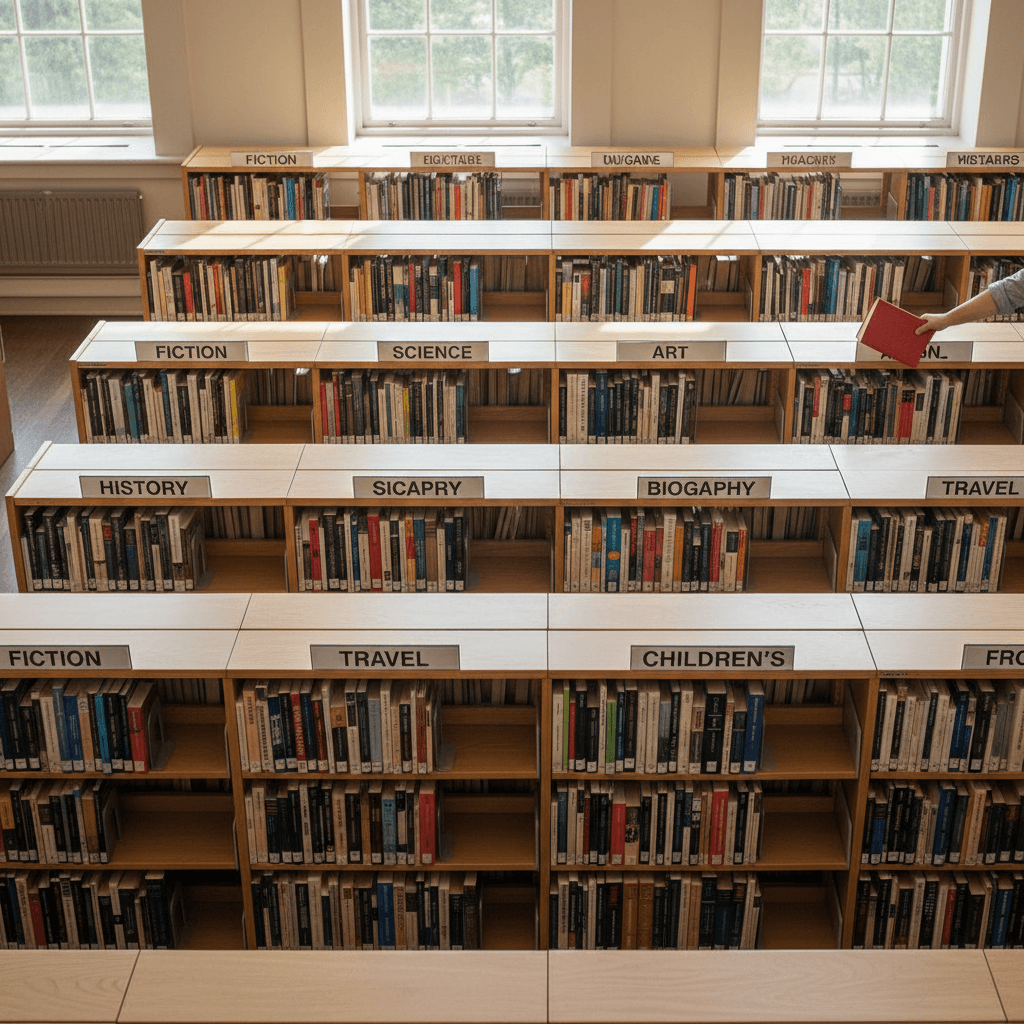 Books organized and cataloged for distribution