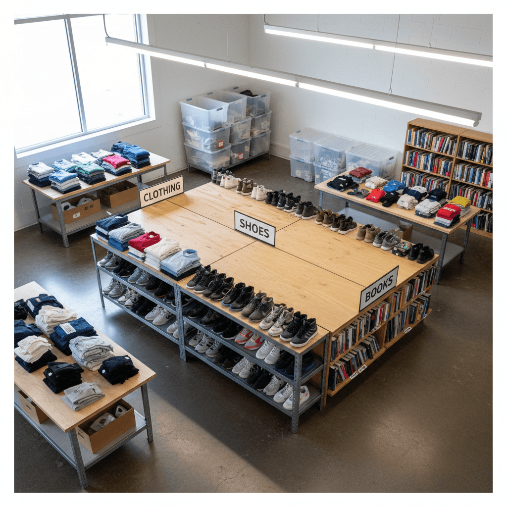 Organized sorting station separating clothing, shoes, and books