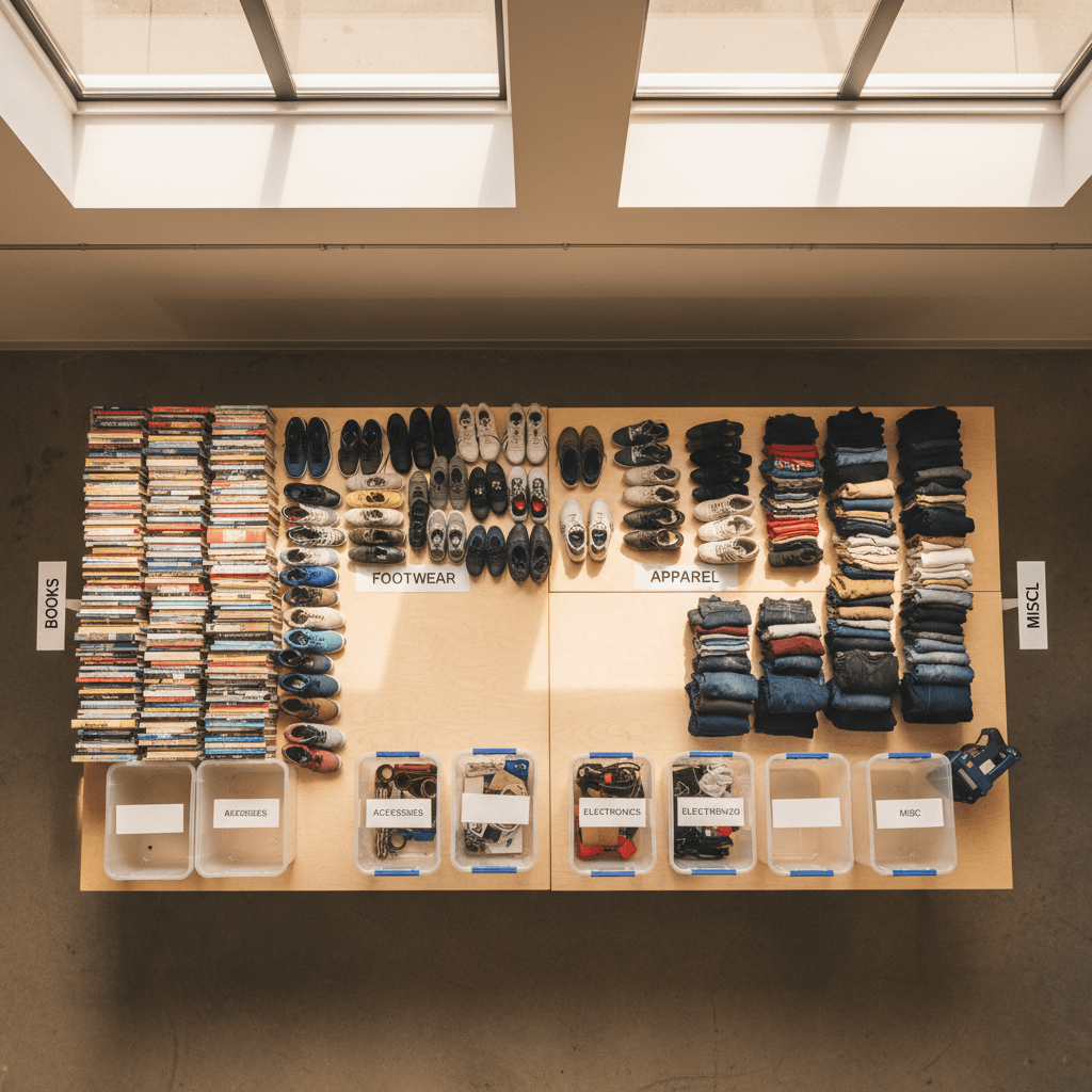 Multi-category sorting station with books, shoes, and clothing