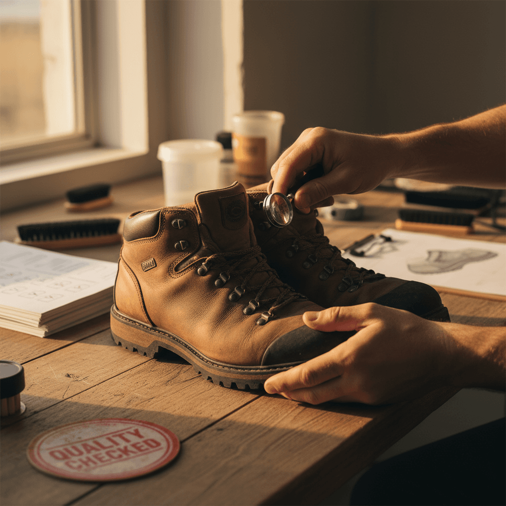 Staff member inspecting shoes for quality