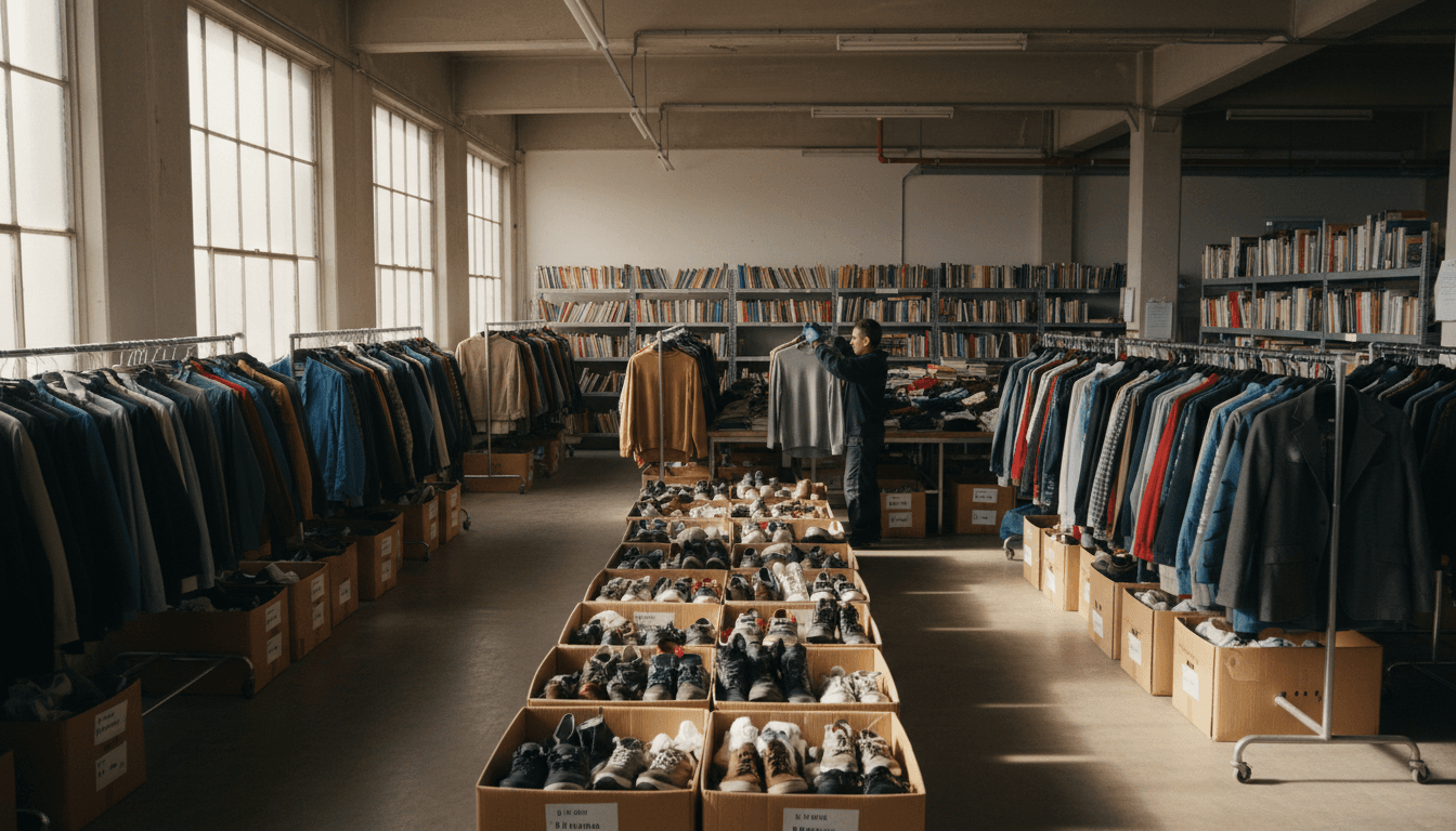Organized wholesale recycling facility with clothing racks, sorted shoes, and stacked books ready for distribution