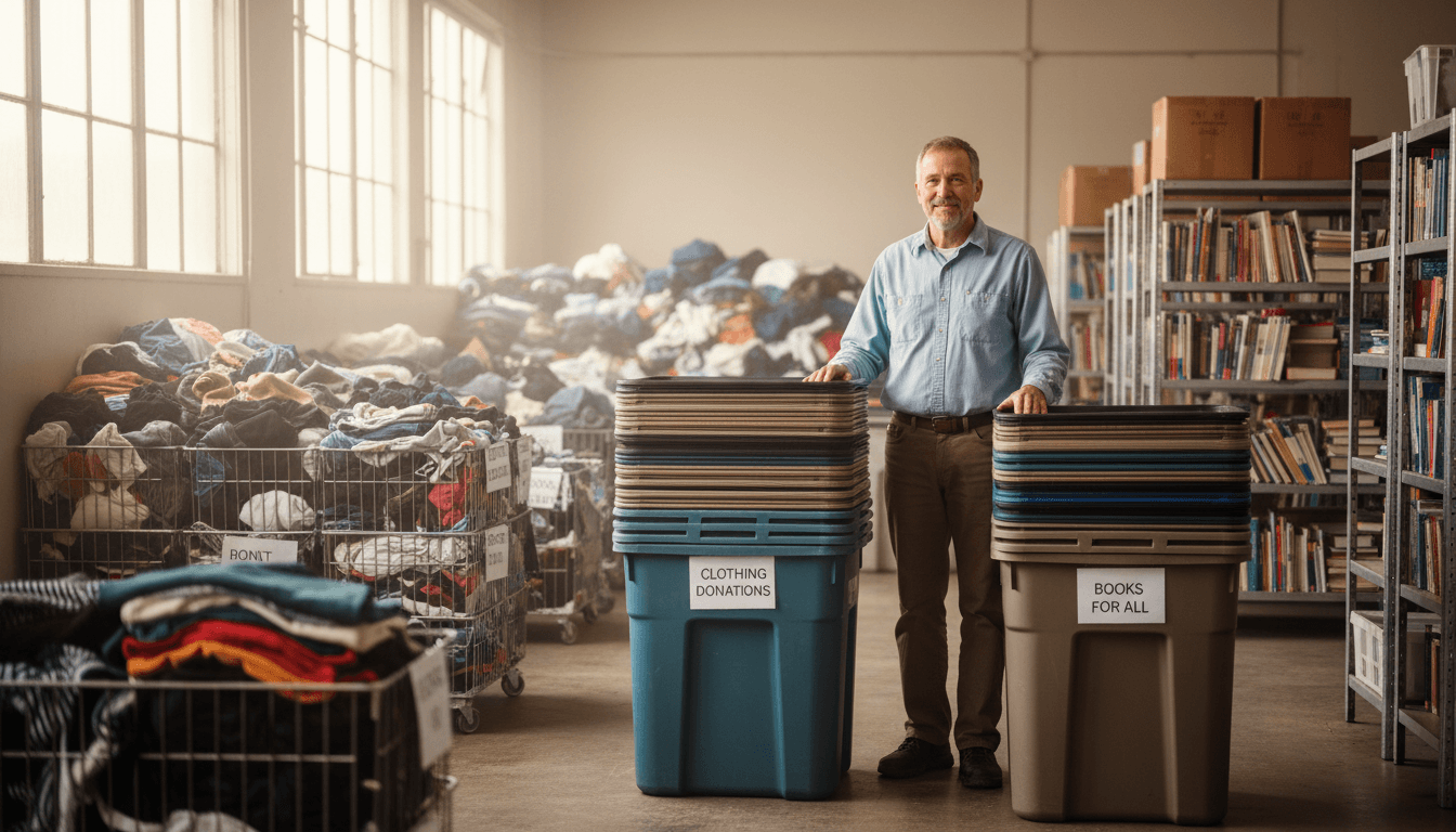 Martin Jr Carmody standing in the Eco Recycling Inc. facility in San Leandro with donation bins and sorted materials