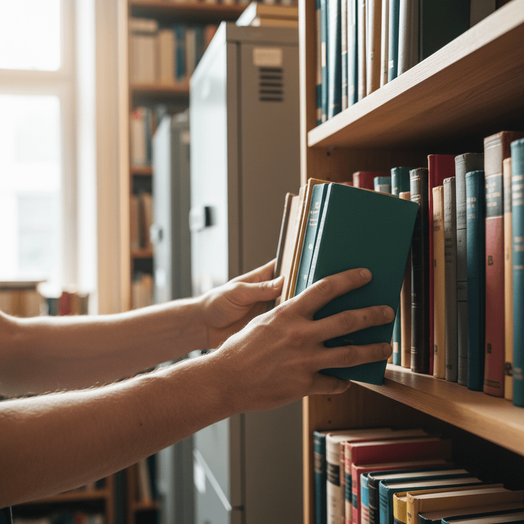 Books being organized and shelved for reuse