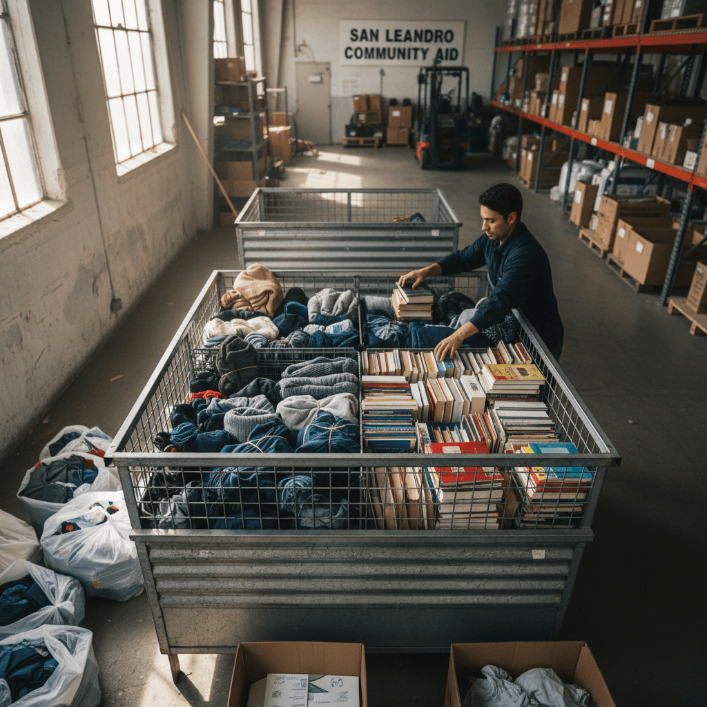 Donation bin being organized with collected clothing and books