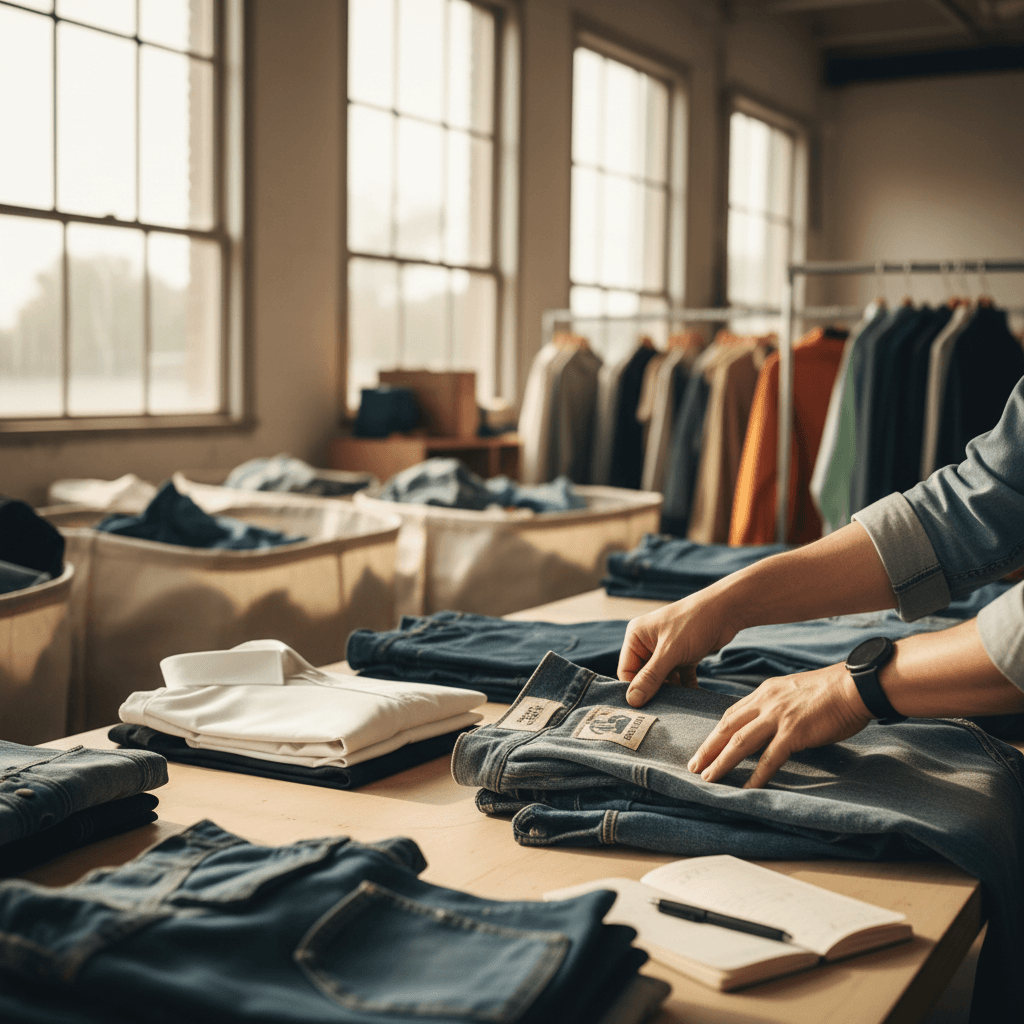 Staff member inspecting clothing quality during sorting