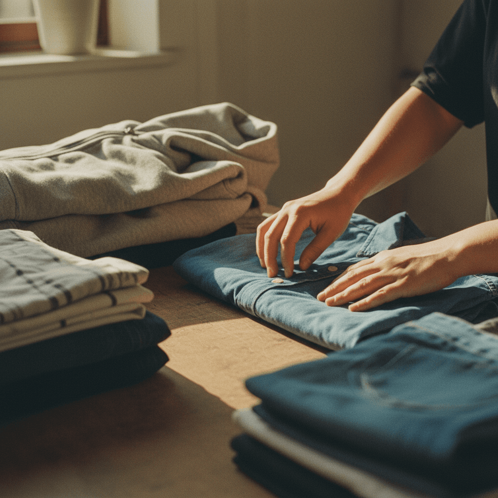 Hands sorting and organizing donated clothing