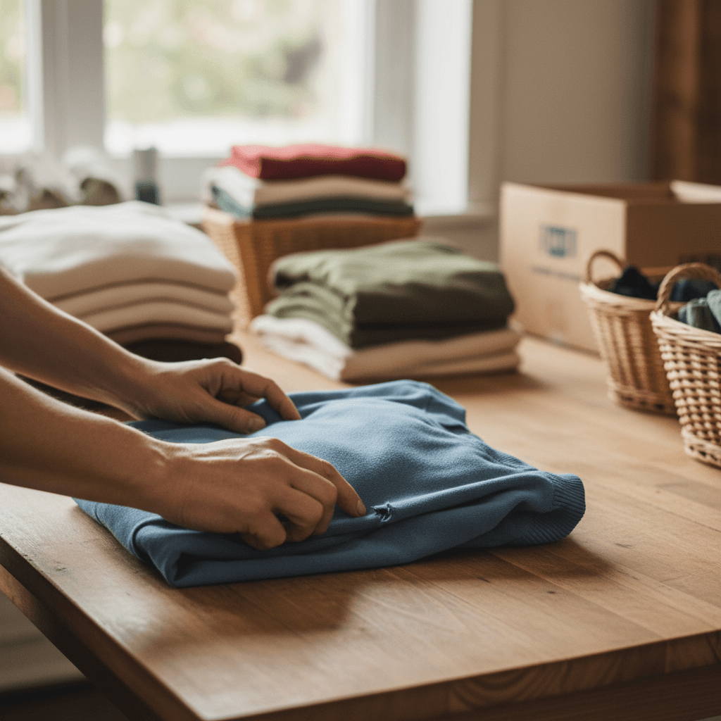Worker sorting donated clothing with care and attention