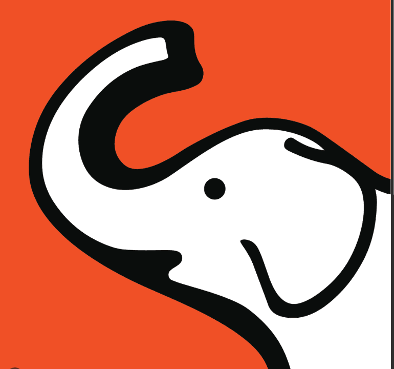 Minimalist white elephant with a raised trunk and black outlines on a vibrant orange background.
