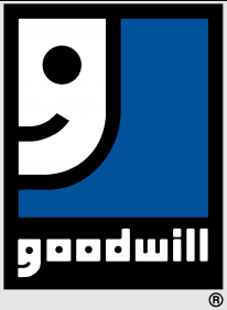 Goodwill logo featuring a stylized white smiling face "g" on blue above lowercase white text.