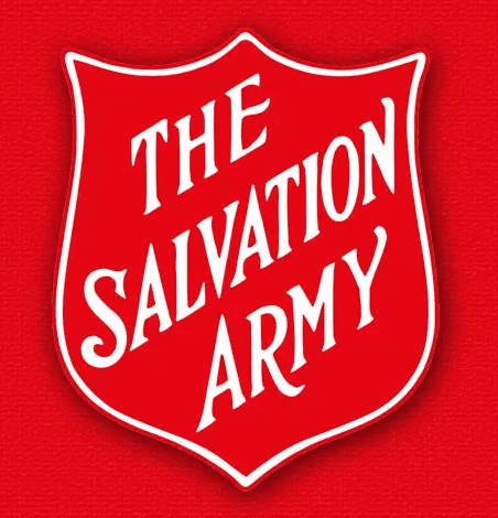 Red shield logo with white text 'The Salvation Army' on a textured red background.
